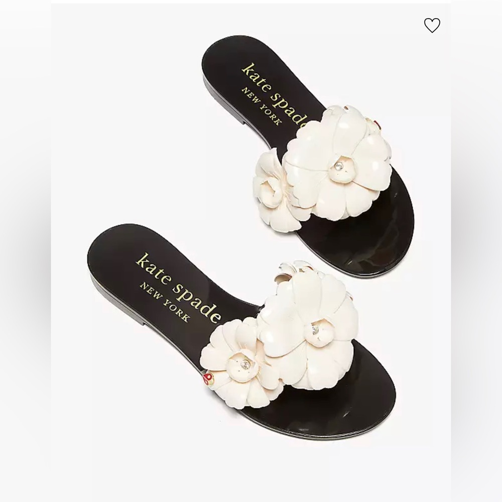 kate spade Black Patent Slide Sandal with Cream Floral Appliqués - Picture 2 of 6